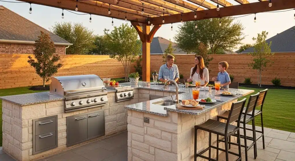 Modern Texas outdoor kitchen with stone island, built-in grill, and pergola by My Texas Fence